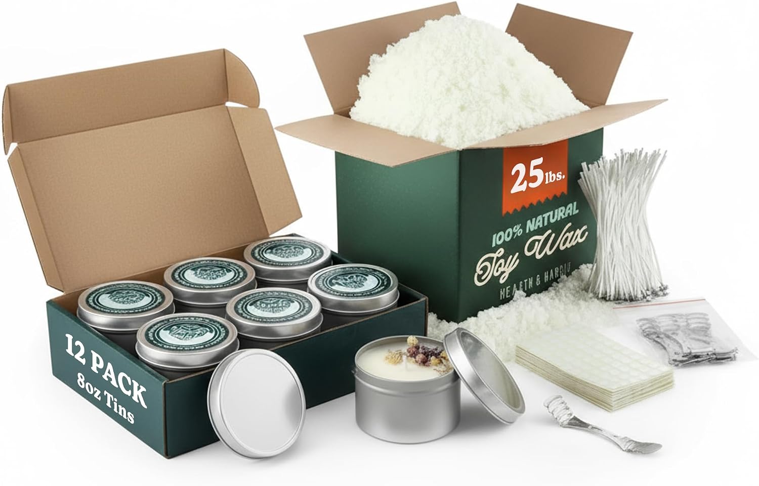 Soy Wax Flake - 25 ปอนด์ เทียนไขถั่วเหลืองพร้อมอุปกรณ์ 8 ออนซ์ ชุดกระป๋องดีบุก