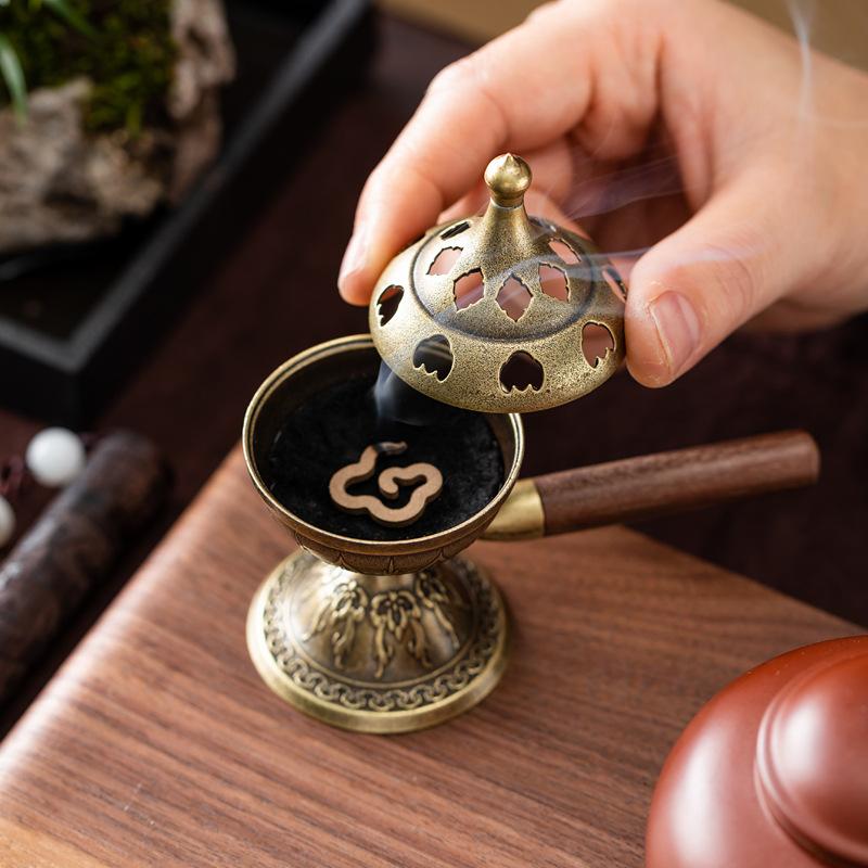 Incense Cone Holder - เตาเผาธูปแบบหมุนได้, ที่วางธูปทรงกรวยทองเหลืองโบราณพร้อมด้ามจับไม้, สำหรับบ้าน, โยคะ, การทำสมาธิ, ของตกแต่ง