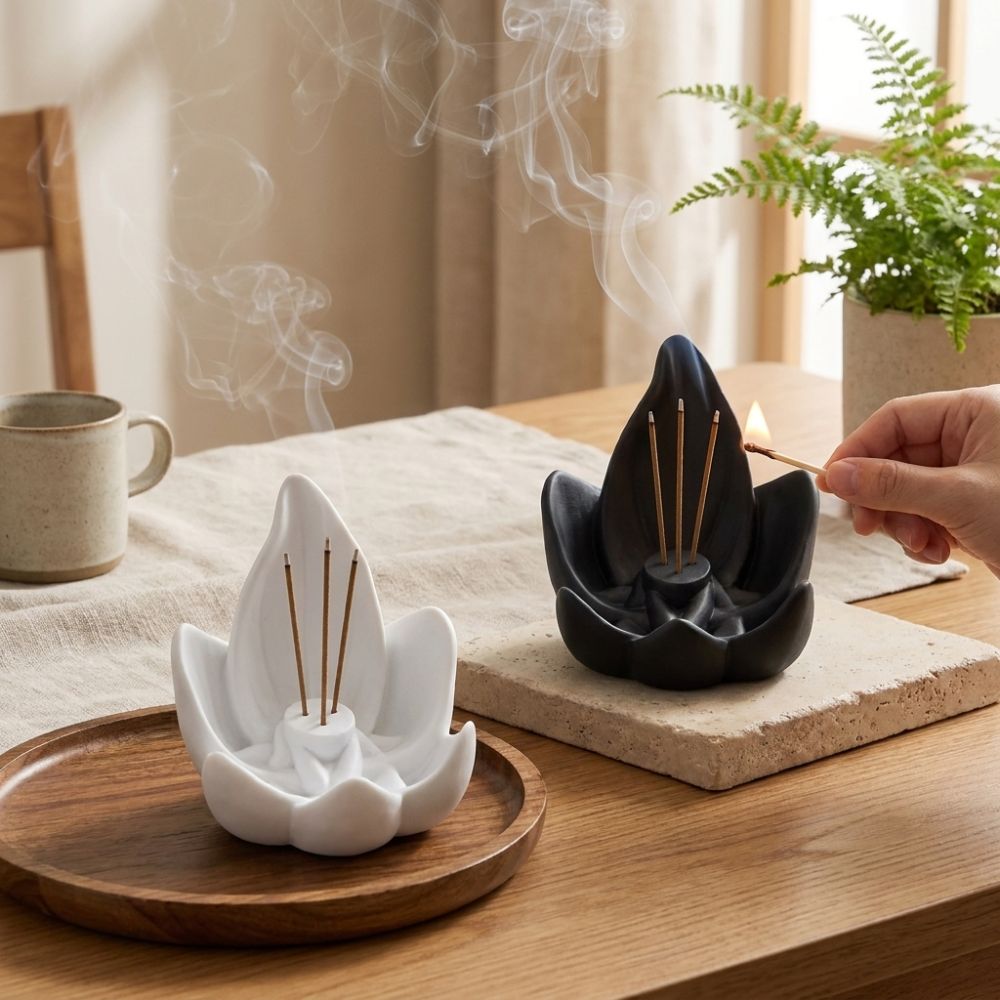 Incense Cone Holder - เตาเผาธูปแบบจีนลายดอกบัว 3 รู ทำจากพลาสติก ที่วางธูปแบบ 3