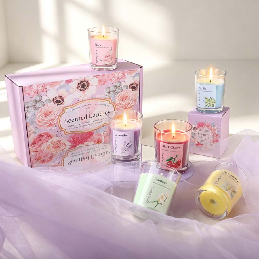 Home Fragrance Set Gift - ชุดของขวัญเทียนหอมอโรมาเธอราพี 6 กลิ่นที่แตกต่างกัน เทียนในขวดแก้วสำหรับห้องนอน งานแต่งงาน และของขวัญงานปาร์ตี้