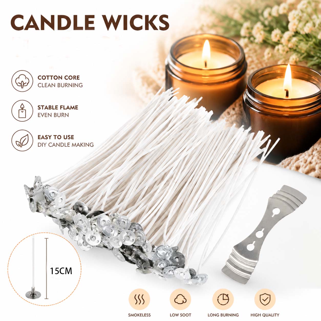 Soy Wax Flake - ไส้เทียนไร้ควัน ไส้เทียนแกนฝ้ายพร้อมฐานโลหะสำหรับยึด ใช้สำหรับทำเทียน DIY ด้วยมือ