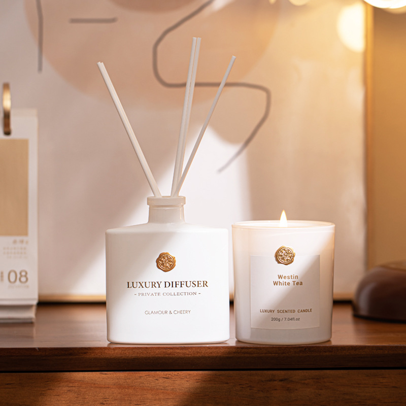 Soy Wax Flake - ชุดของขวัญก้านไม้หอมปรับอากาศและเทียนหอม, ก้านไม้หอมปรับอากาศและเทียนไขถั่วเหลืองในขวดแก้ว, เทียนหอมธรรมชาติสำหรับตกแต่งบ้าน
